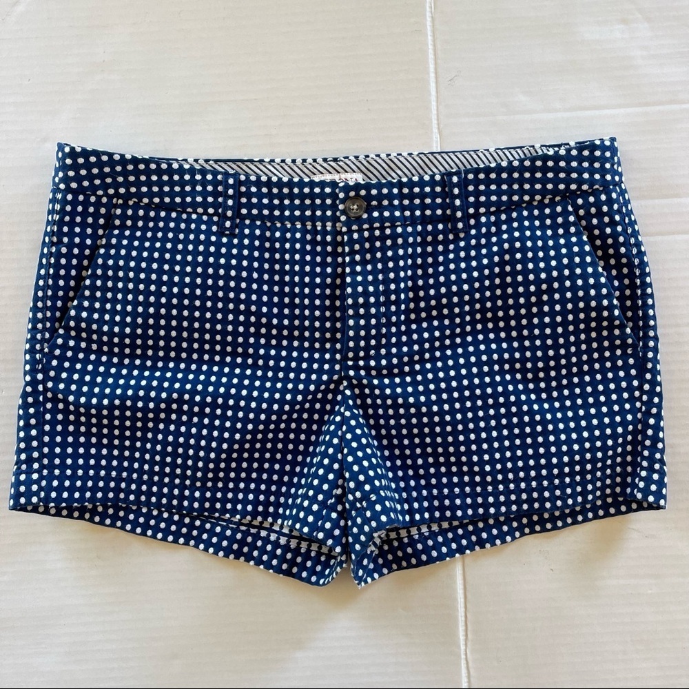 Merona Polka Dot Print Chino Shorts Size 14 Womens White Navy Blue Casual Retro